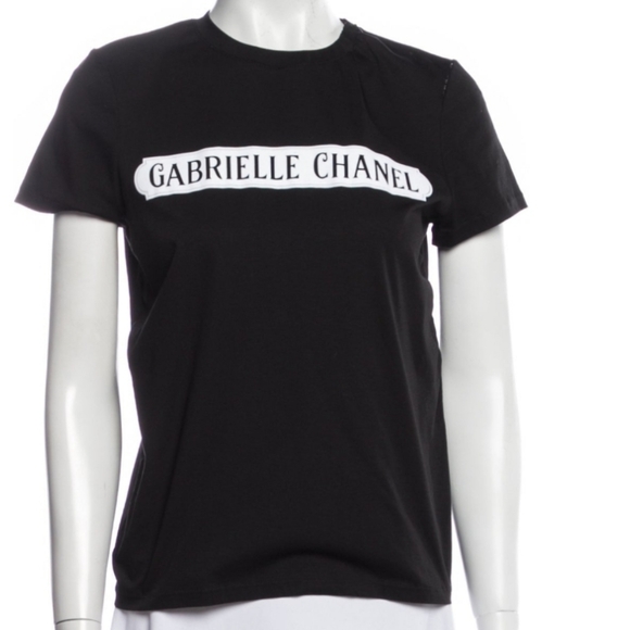 CHANEL Tops - CHANEL Black Tee with White 'Gabrielle Chanel' Logo NEW